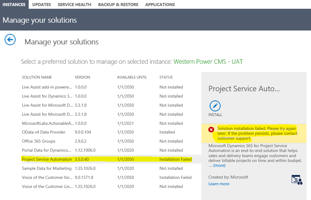 Dynamics 365: Solution install&nbsp;failed