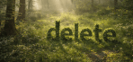 'delete' word formed from green plants in a sunlit forest clearing
