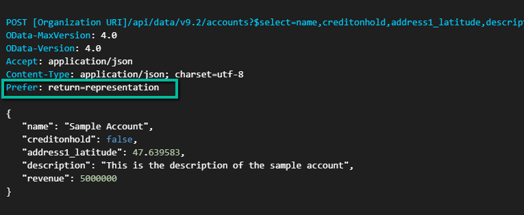 Dataverse Web API: Returning Record Data During Create Using Prefer: return=representation
