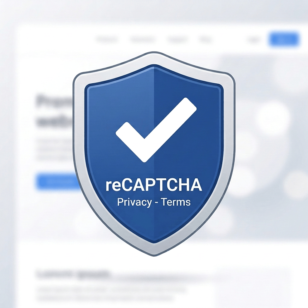 Blue shield with white checkmark and text reCAPTCHA Privacy Terms Google
